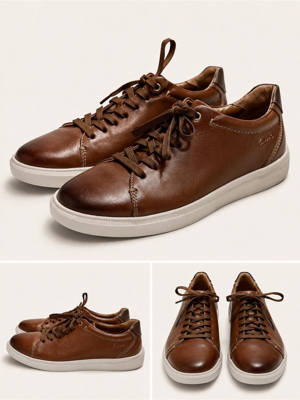 Clarks Men’s Cambro Low Dark Tan Leather Sneakers – Size US 10 / EU 43